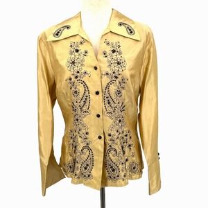 Silkland Womens Top XL Gold NWT Silk Embroidered Beaded Blouse Western Ornate